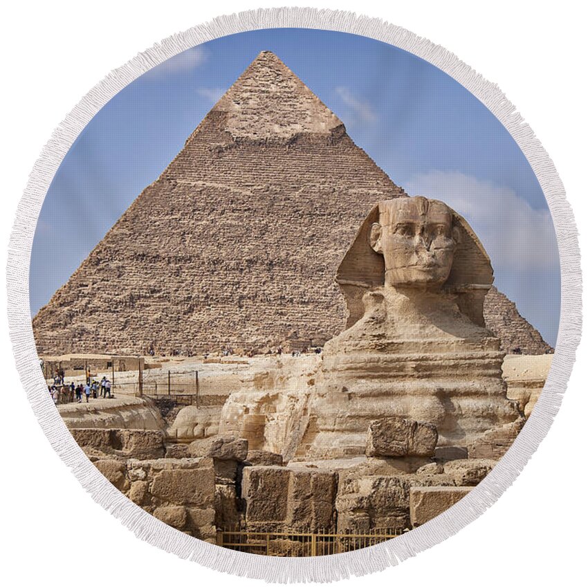 Egypt Round Beach Towel featuring the photograph Pyramids and sphinx in Egypt by Sophie McAulay