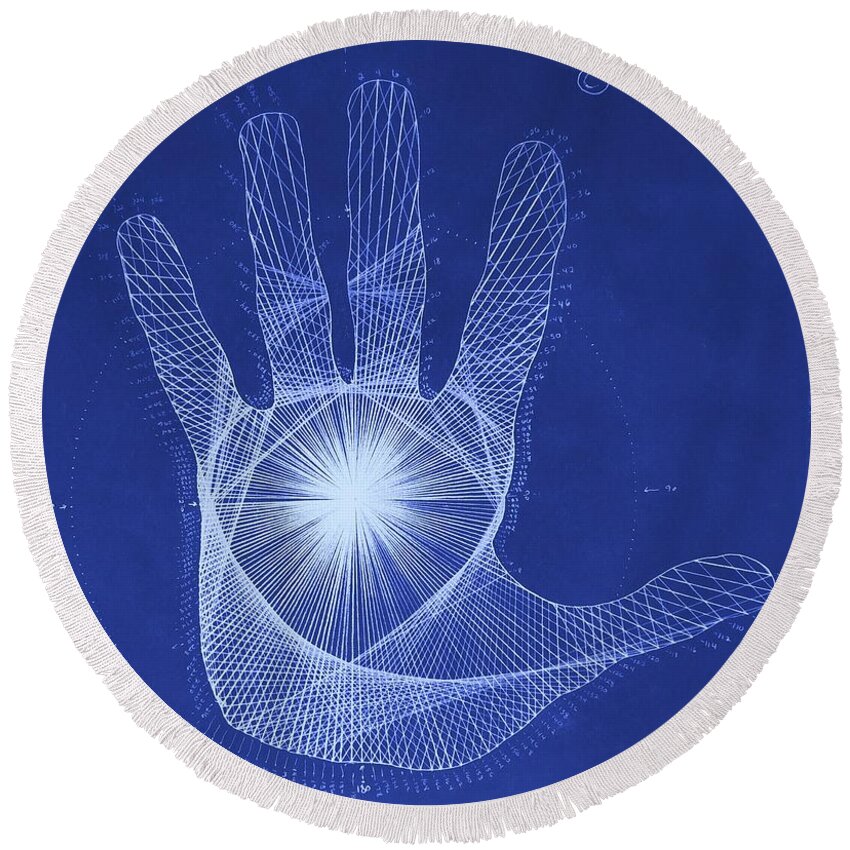 Hand Round Beach Towel featuring the drawing Quantum Hand Through My Eyes by Jason Padgett