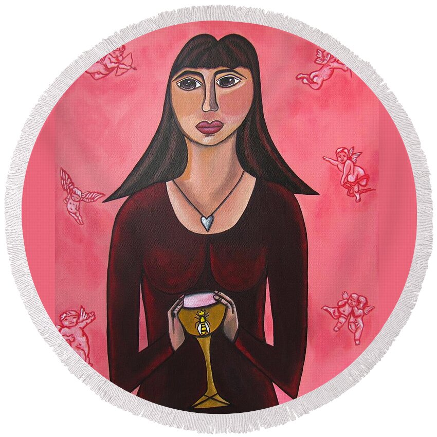 Queen Mary Magdalene Round Beach Towel featuring the painting Queen Mary Magdalene - Grail Secrets by Sandra Marie Adams
