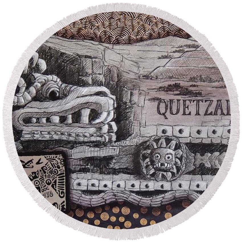 Mexico Round Beach Towel featuring the mixed media Quetzalcoatl by Candy Mayer