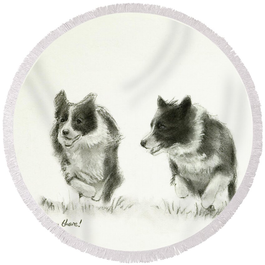 Dog Paintings Round Beach Towel featuring the pastel Race you there by John Silver