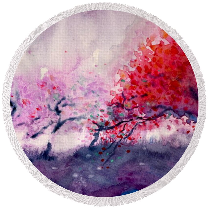 Radiant Orchard Round Beach Towel featuring the painting Radiant Orchard by Beverley Harper Tinsley