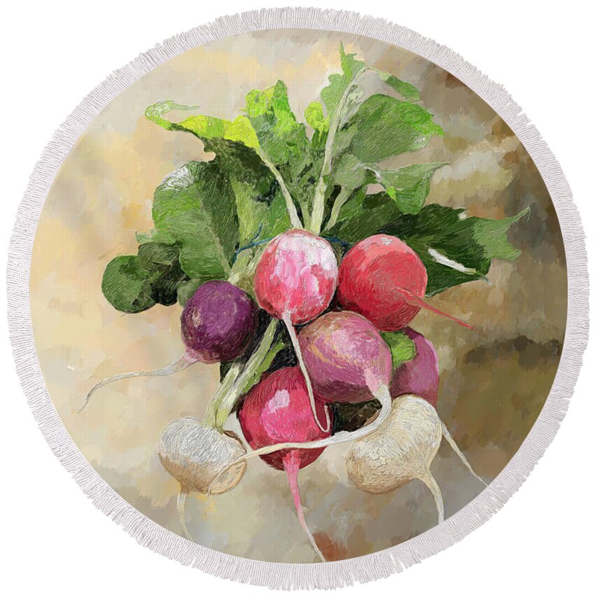Radish Round Beach Towel featuring the painting Radishes by Portraits By NC