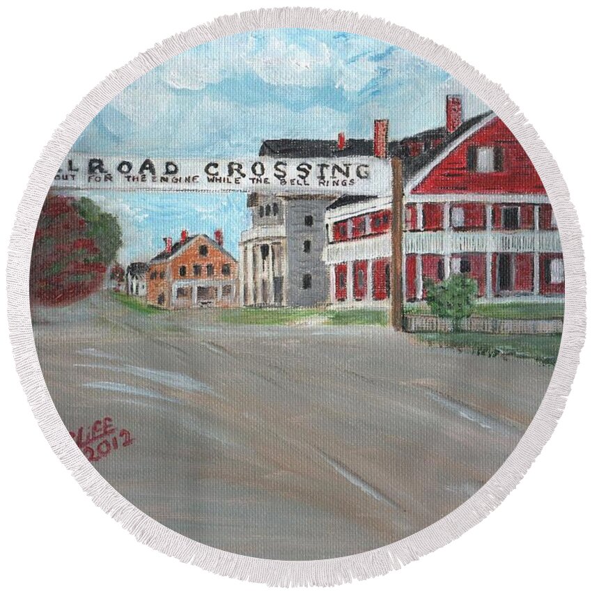 Architecture Round Beach Towel featuring the painting Railroad Crossing by Cliff Wilson