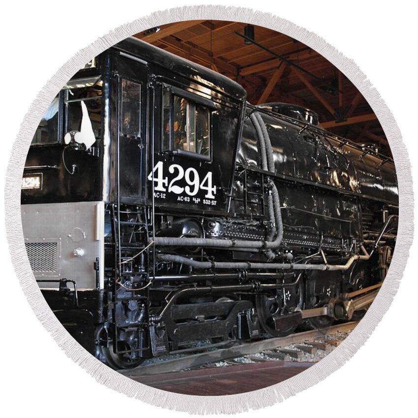 California State Train Museum Round Beach Towel featuring the photograph Southern Pacific Cab Forward Railroad Engine No 4294 by Michele Myers