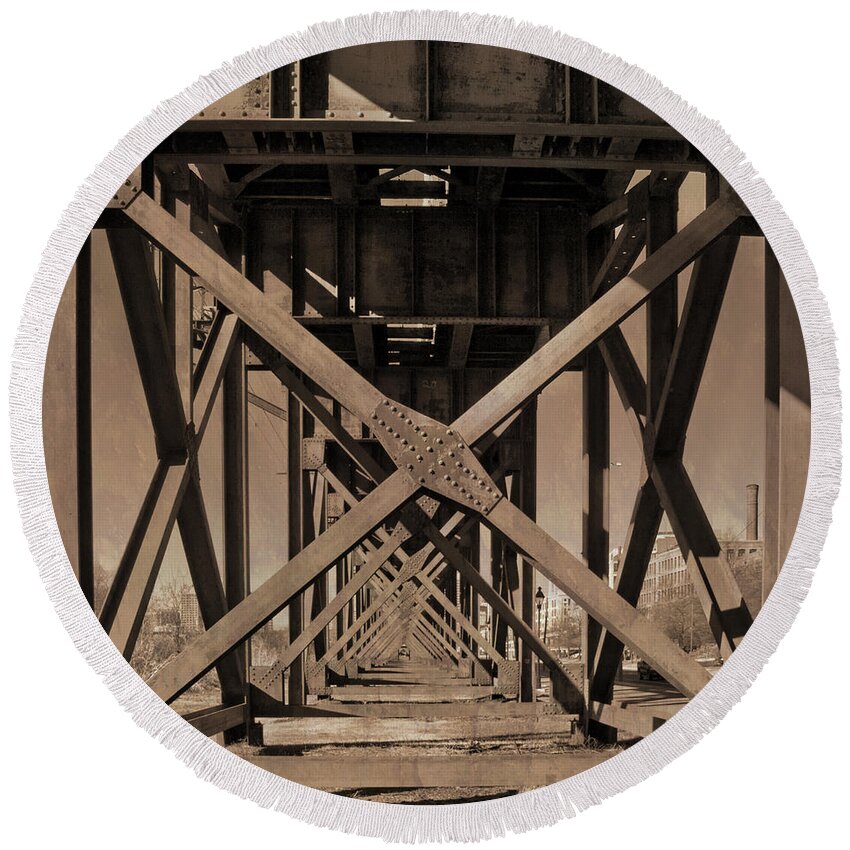 Jemmy Archer Round Beach Towel featuring the photograph Railroad Trestle Sepia by Jemmy Archer