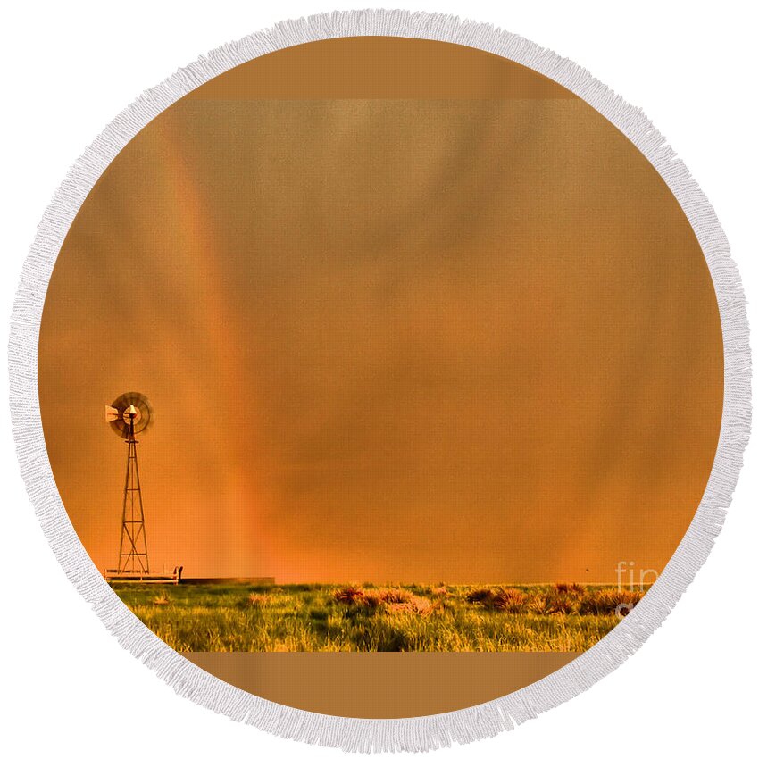 Landscape Round Beach Towel featuring the photograph Rainbow and the Windmill by Steven Reed
