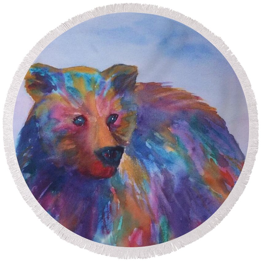 Bear Round Beach Towel featuring the painting Rainbow Bear by Ellen Levinson