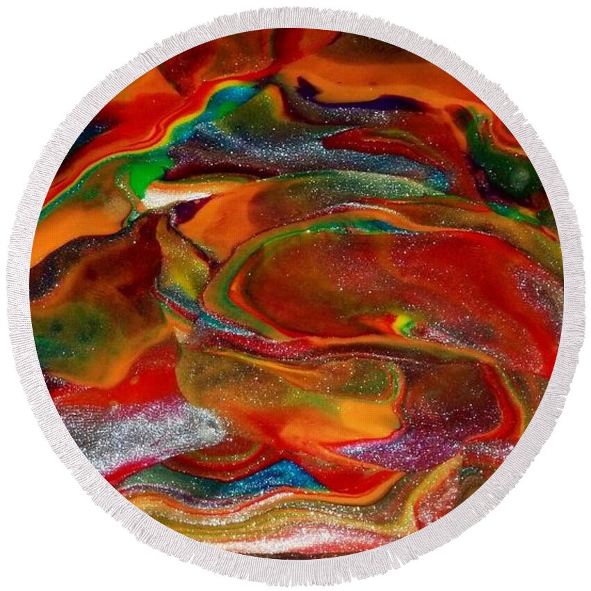 Abstract Round Beach Towel featuring the mixed media Rainbow Blossom by Deborah Stanley