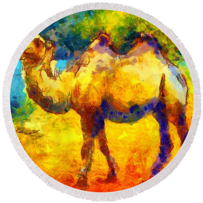 Van Gogh Round Beach Towel featuring the painting Rainbow Camel by Pixel Chimp