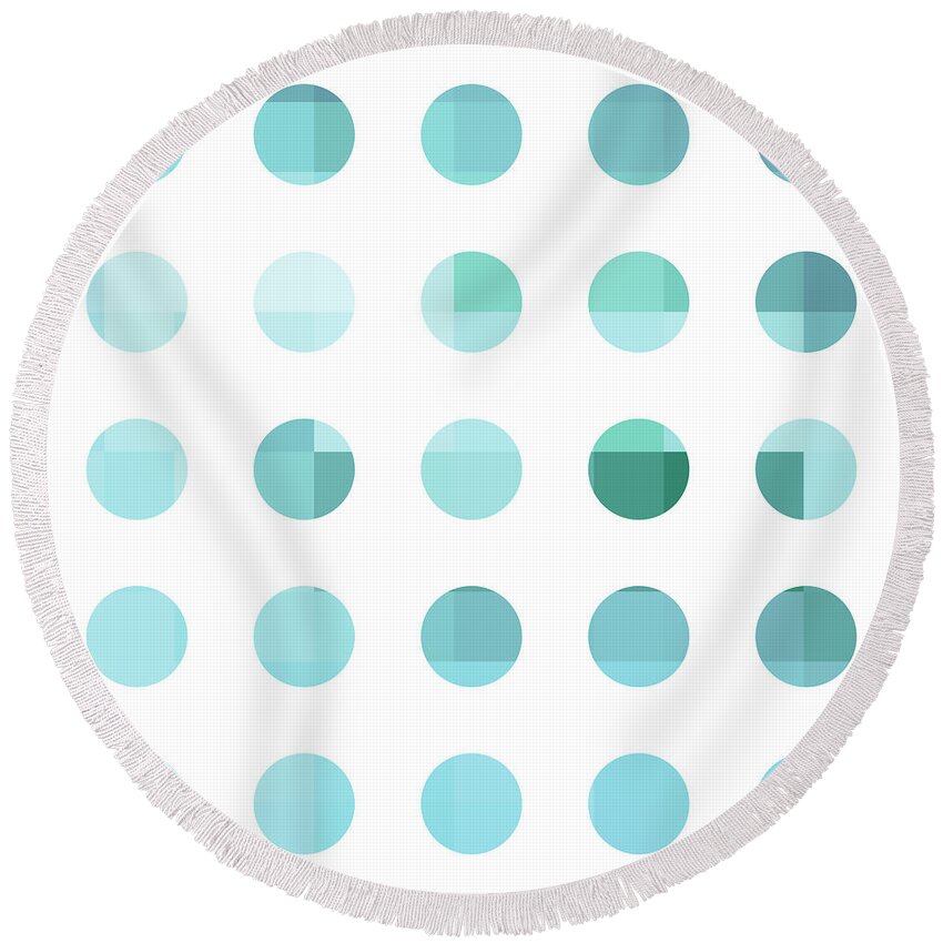 Abstract Round Beach Towel featuring the painting Rainbow Dots Aqua by Pixel Chimp