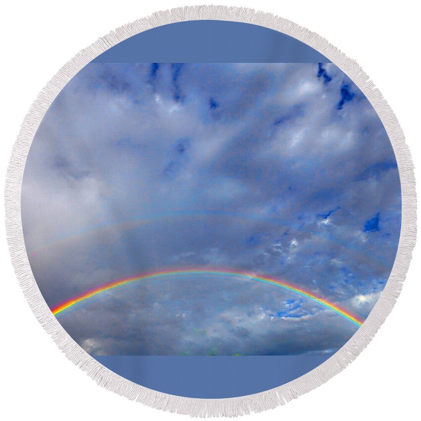 Clouds Round Beach Towel featuring the photograph Rainbow Morning by Claudia Goodell