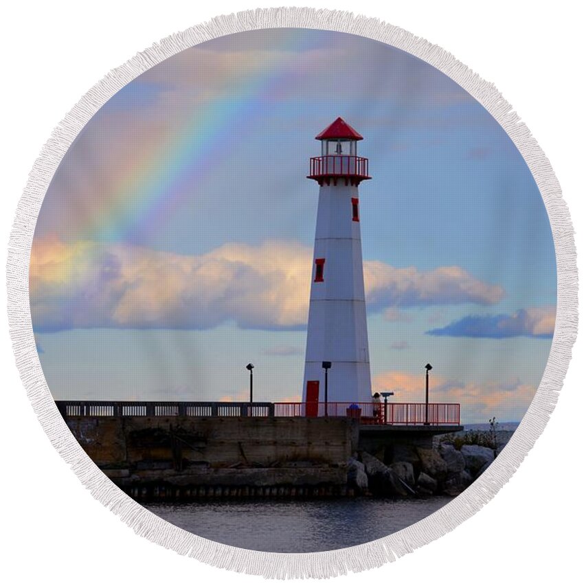 Rainbow Round Beach Towel featuring the photograph Rainbow Over Watwatam Light by Keith Stokes