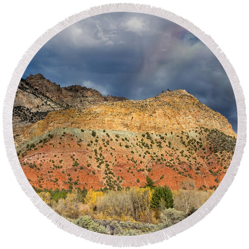 Ashley National Forest Round Beach Towel featuring the photograph Rainbow Touching the Mountain by Kathleen Bishop