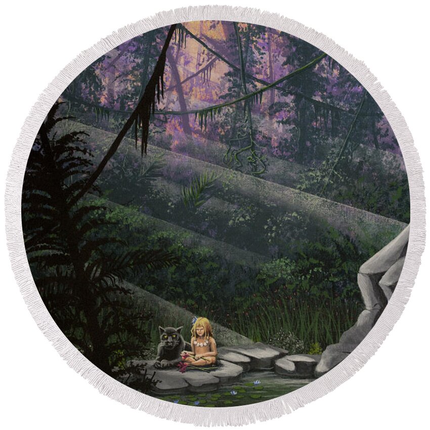 Rima Round Beach Towel featuring the painting Rainforest Mysteries by Jack Malloch