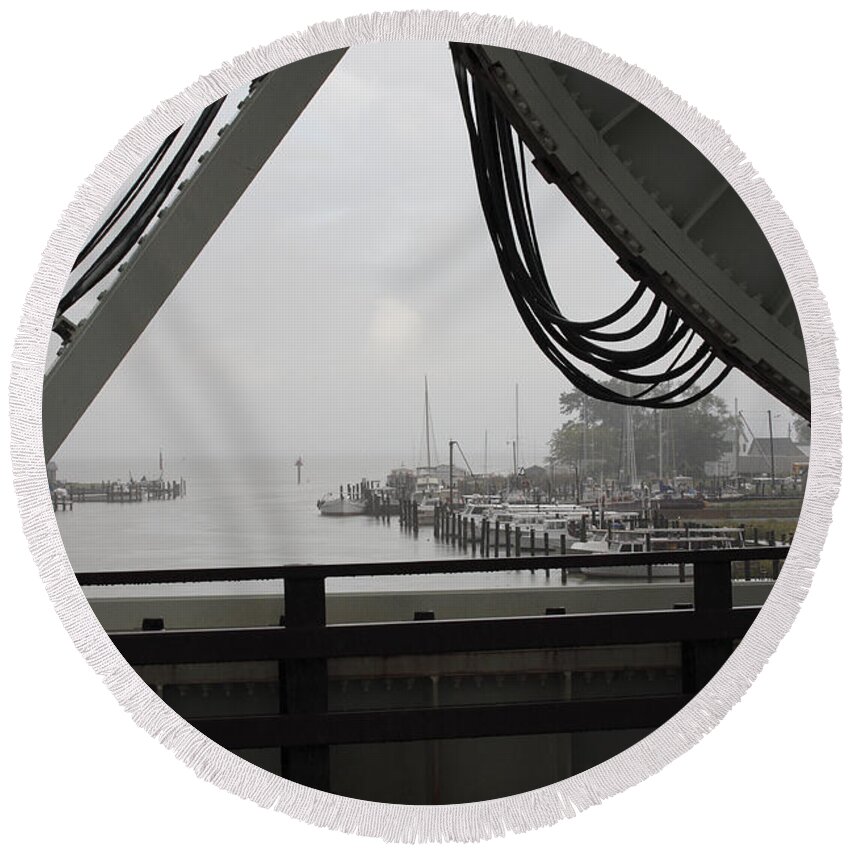 Bascule Bridge Round Beach Towel featuring the photograph Rainy Day at the Bascule Bridge at Knapps Narrows Bridge on Tilghman Island in Maryland by William Kuta