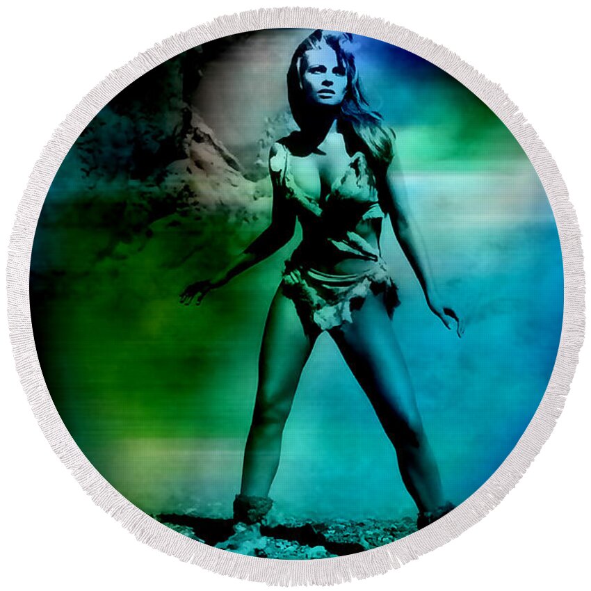 Raquel Welch Photographs Round Beach Towel featuring the mixed media Raquel Welch by Marvin Blaine