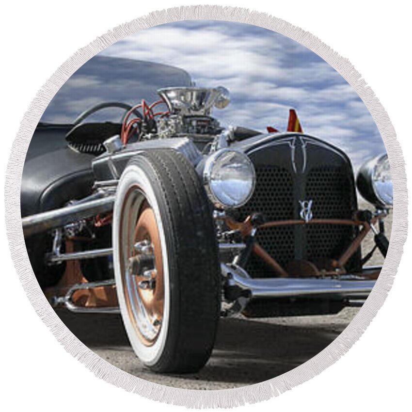 Transportation Round Beach Towel featuring the photograph Rat Rod On Route 66 2 Panoramic by Mike McGlothlen