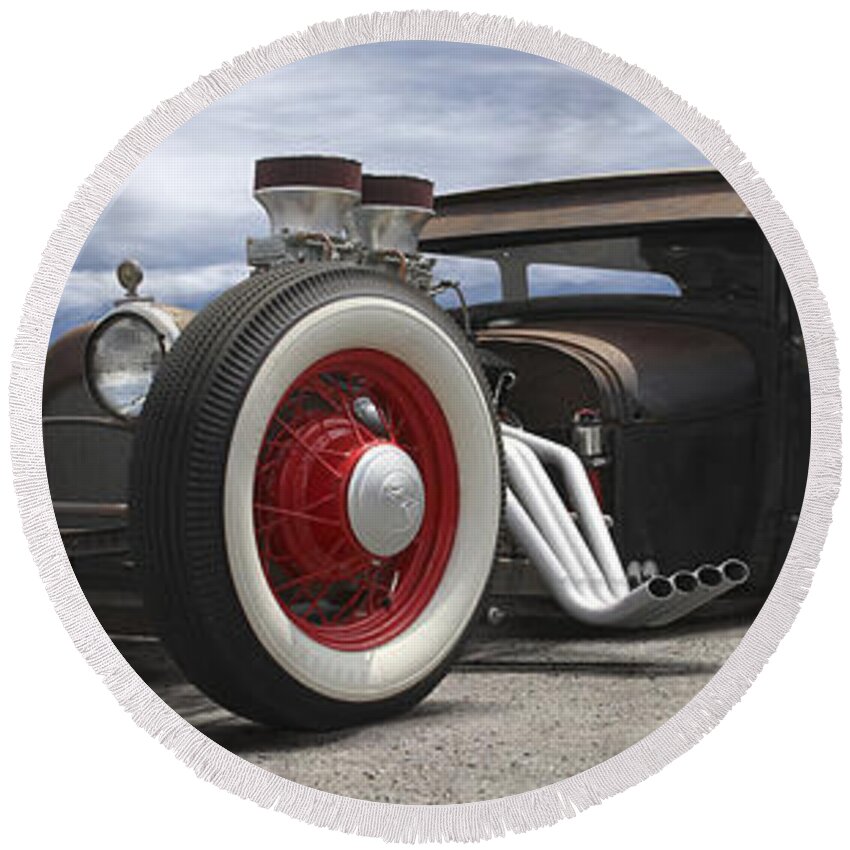 Transportation Round Beach Towel featuring the photograph Rat Rod on Route 66 Panoramic by Mike McGlothlen