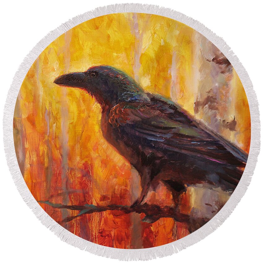 Alaska Round Beach Towel featuring the painting Raven Glow Autumn Forest of Golden Leaves by K Whitworth