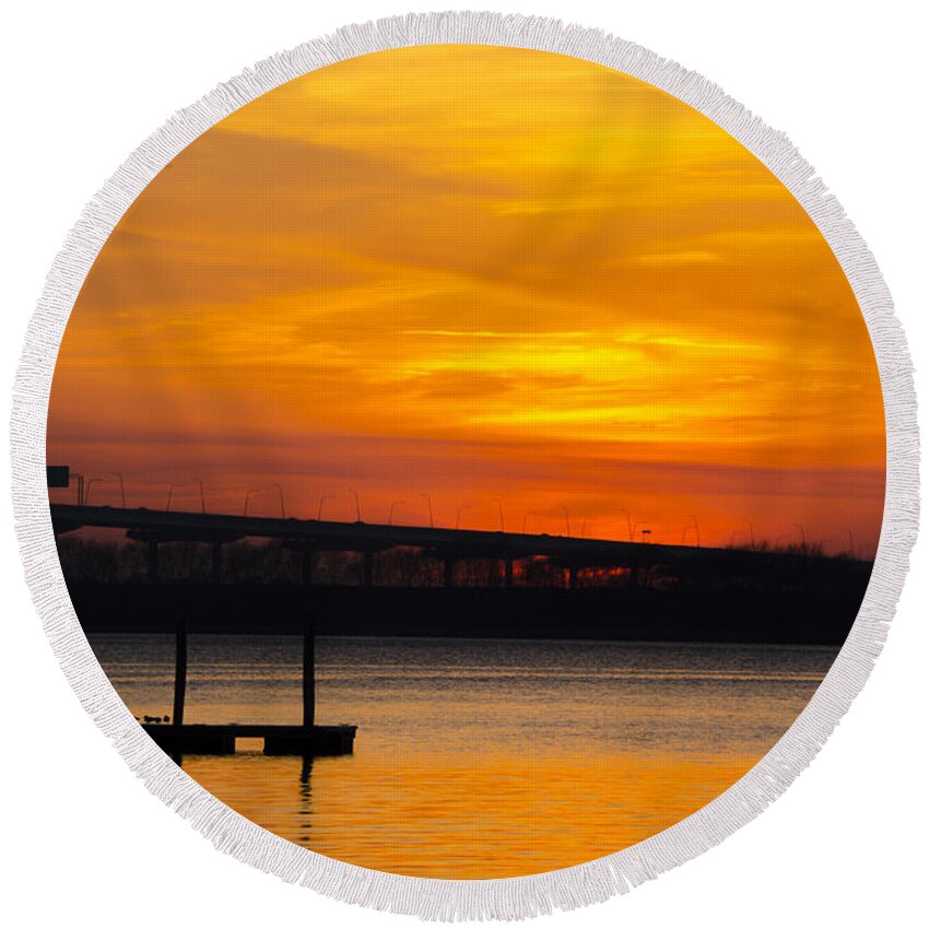 Arthur Ravenel Bridge At Sunset Round Beach Towel featuring the photograph Orange Blaze by Dale Powell