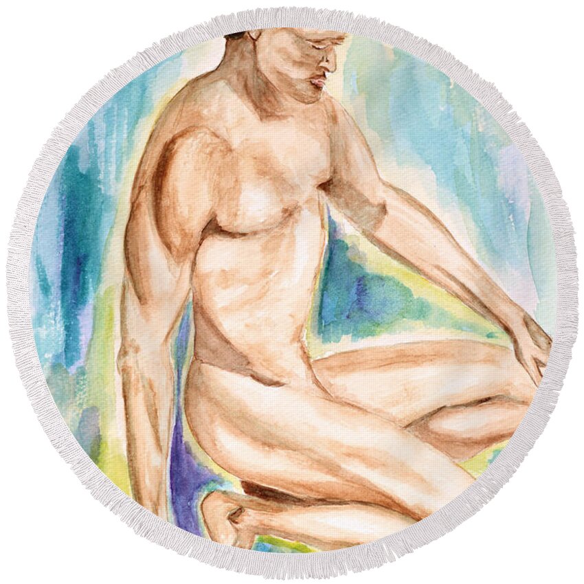 Male Round Beach Towel featuring the painting Rebirth of Apollo by Donna Blackhall
