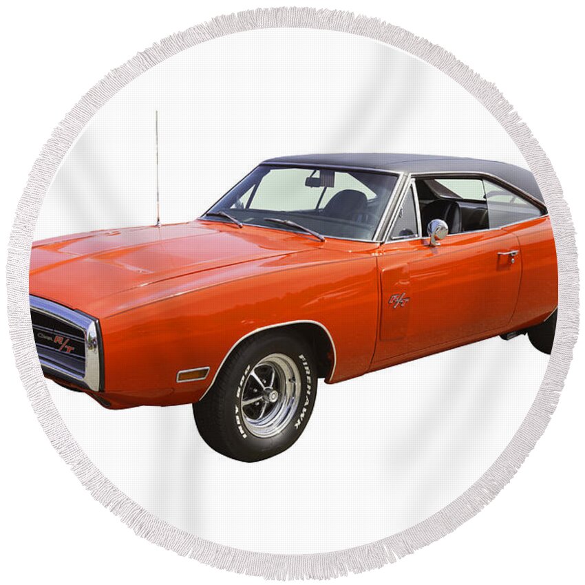 Car Round Beach Towel featuring the photograph Red 1970 Dodge Charger R/t Muscle Car by Keith Webber Jr