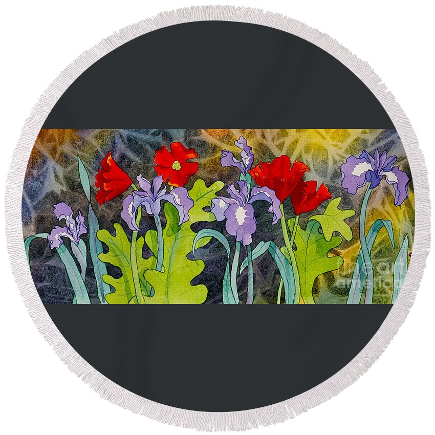 Red And Purple Round Beach Towel featuring the painting Red and Purple by Teresa Ascone