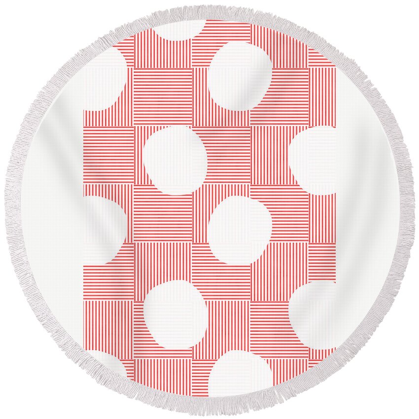 Red Round Beach Towel featuring the mixed media Red and White Poof by Linda Woods