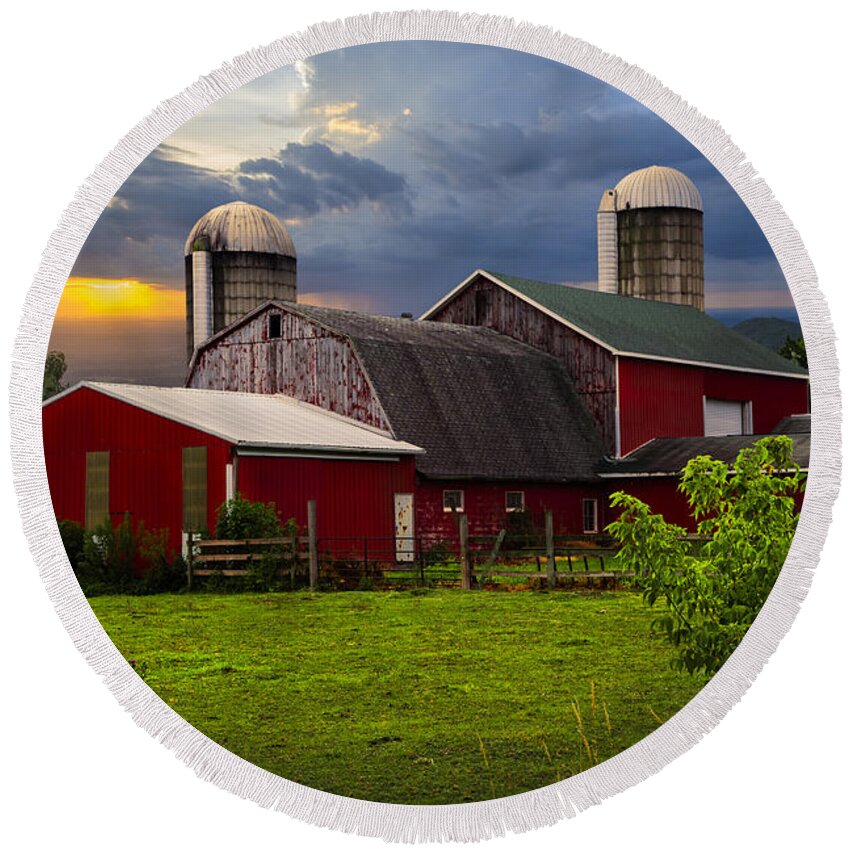 Appalachia Round Beach Towel featuring the photograph Red Barns by Debra and Dave Vanderlaan