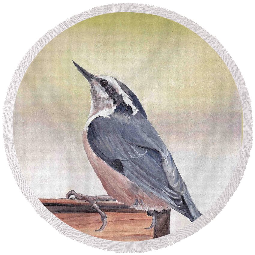 Bird Art Round Beach Towel featuring the painting Red Breasted Nuthatch by Charlotte Yealey