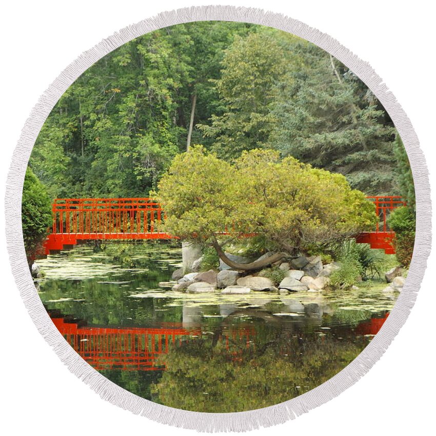 Red Round Beach Towel featuring the photograph Red Bridge Reflection in a Pond by Erick Schmidt