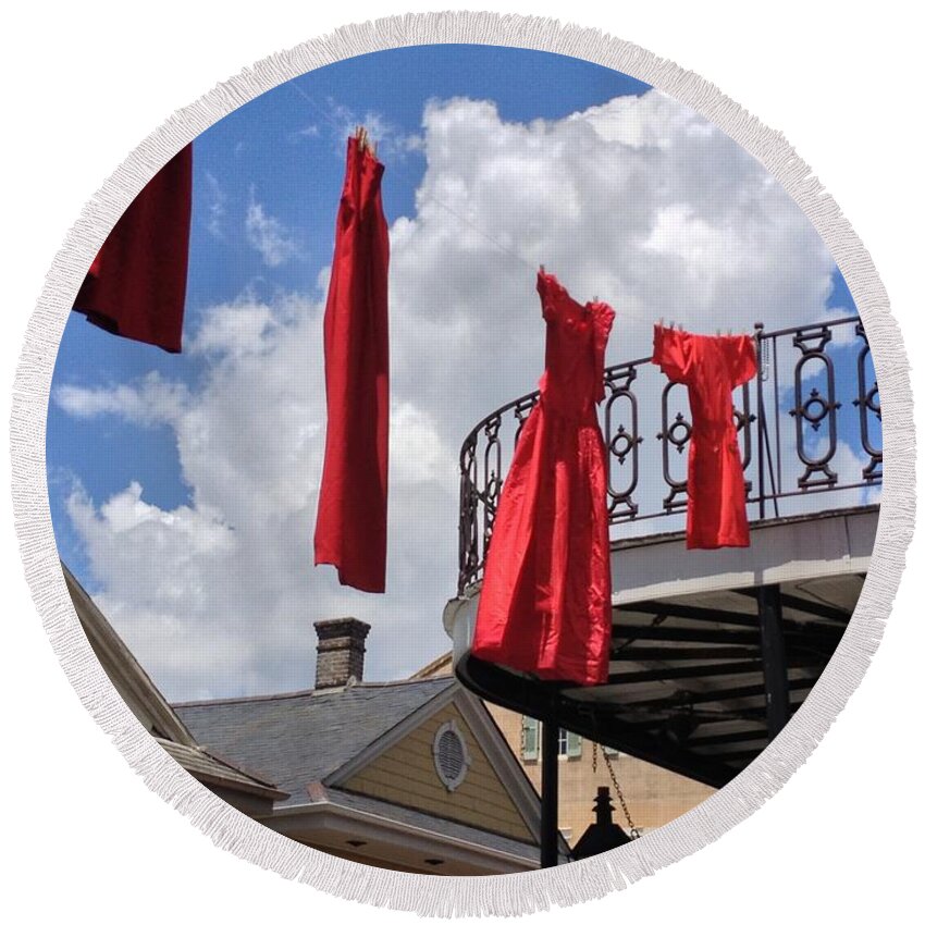Red Round Beach Towel featuring the photograph Red Dress Lineup by John Duplantis