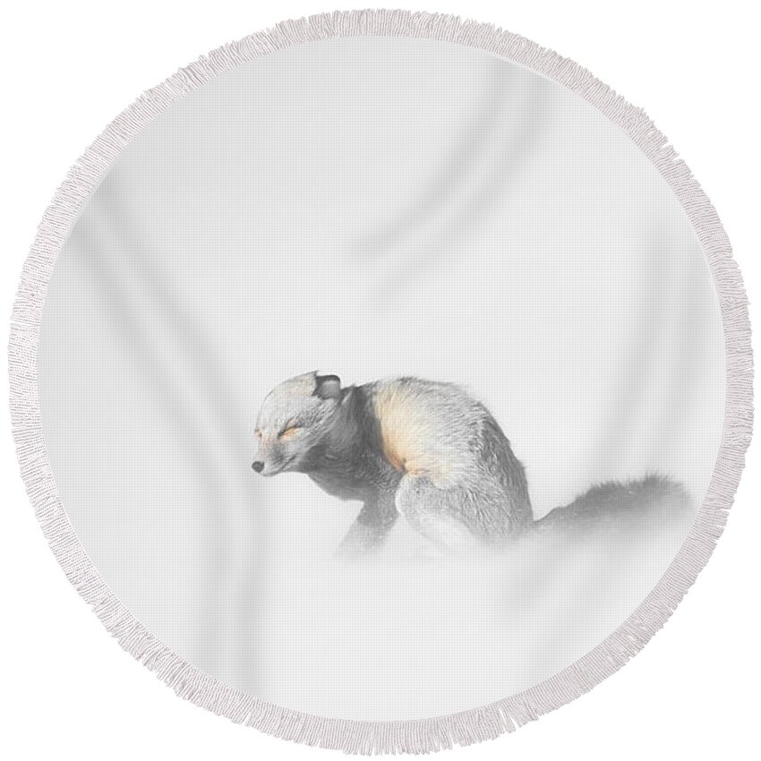 Yellowstone Round Beach Towel featuring the photograph Red Fox in Winter Storm by Bill Cubitt