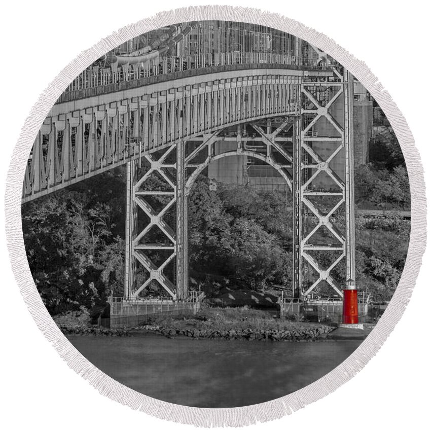 Autumn Round Beach Towel featuring the photograph Red Lighthouse And Great Gray Bridge BW by Susan Candelario