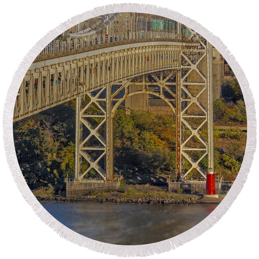 Autumn Round Beach Towel featuring the photograph Red Lighthouse And Great Gray Bridge by Susan Candelario
