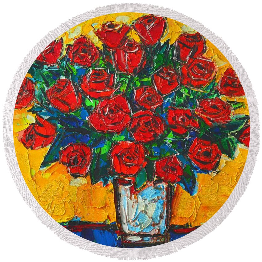 Roses Round Beach Towel featuring the painting Red Passion Roses by Ana Maria Edulescu