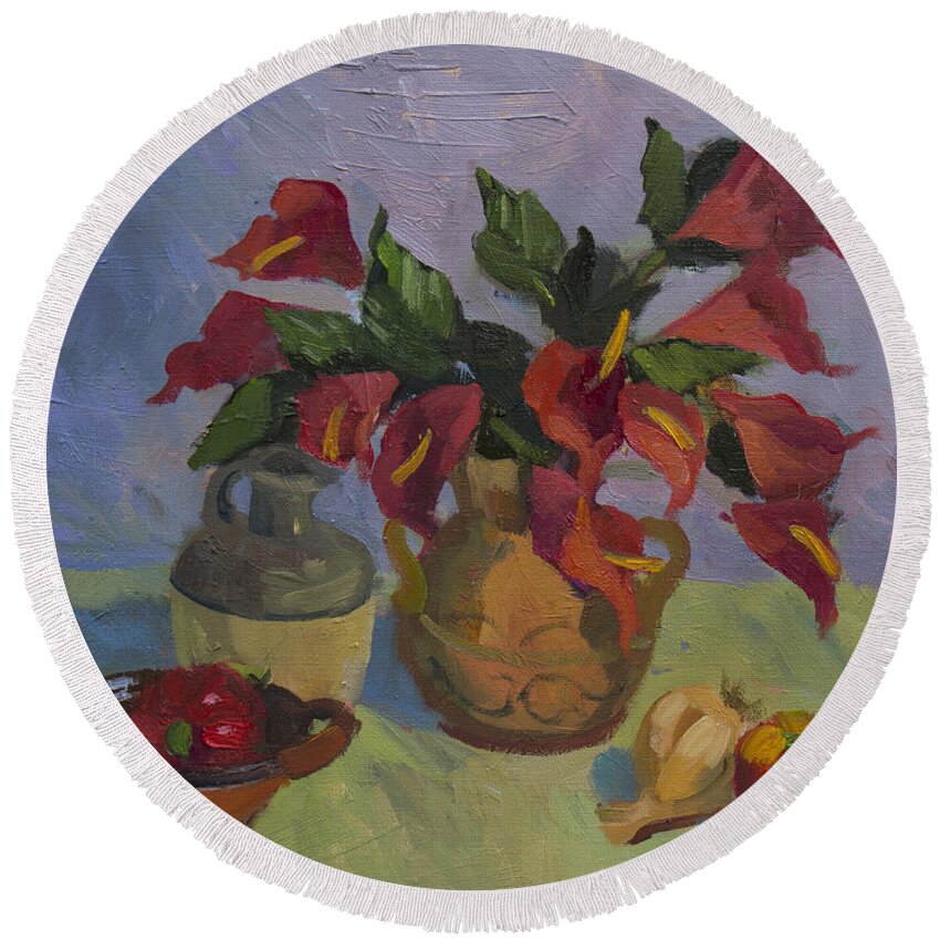 Still Life Round Beach Towel featuring the painting Red Pepper by Diane McClary