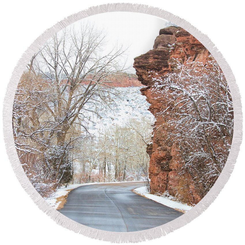 Red Rocks Round Beach Towel featuring the photograph Red Rocks Winter Landscape Drive by James BO Insogna