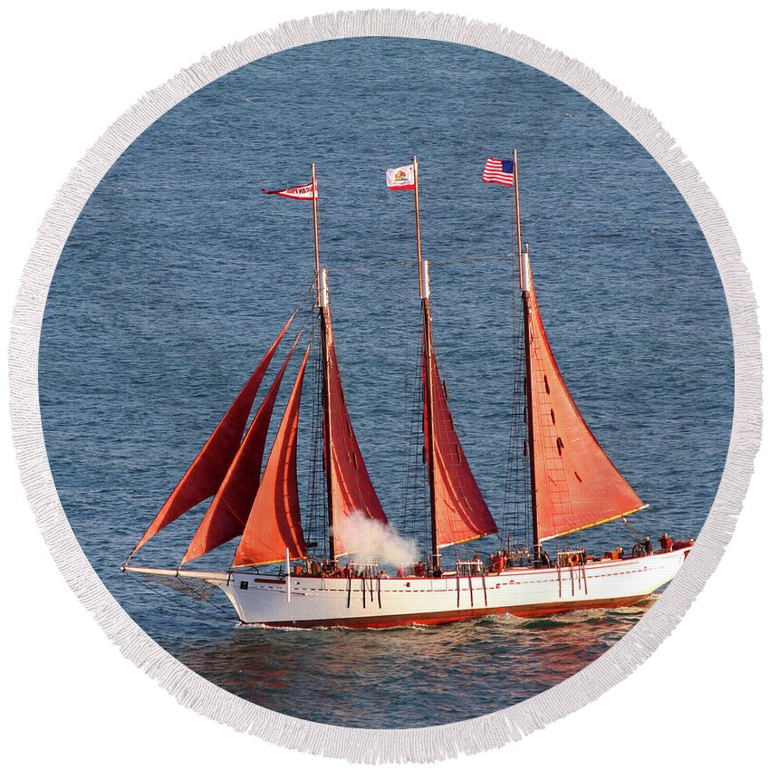 Tall Ships Round Beach Towel featuring the photograph Red Sails by Art Block Collections