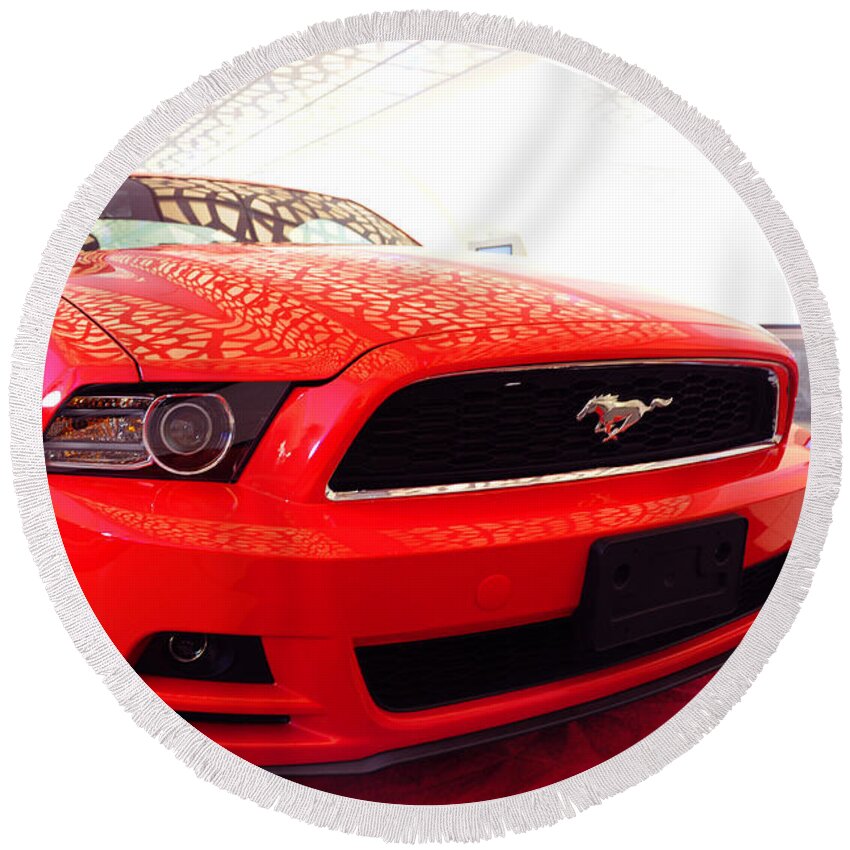 Ford Mustang Round Beach Towel featuring the photograph Red Savage Beauty. Ford Mustang by Jenny Rainbow