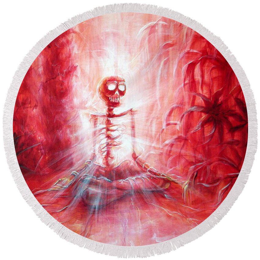 Skeletons Round Beach Towel featuring the painting Red Skeleton Meditation by Heather Calderon