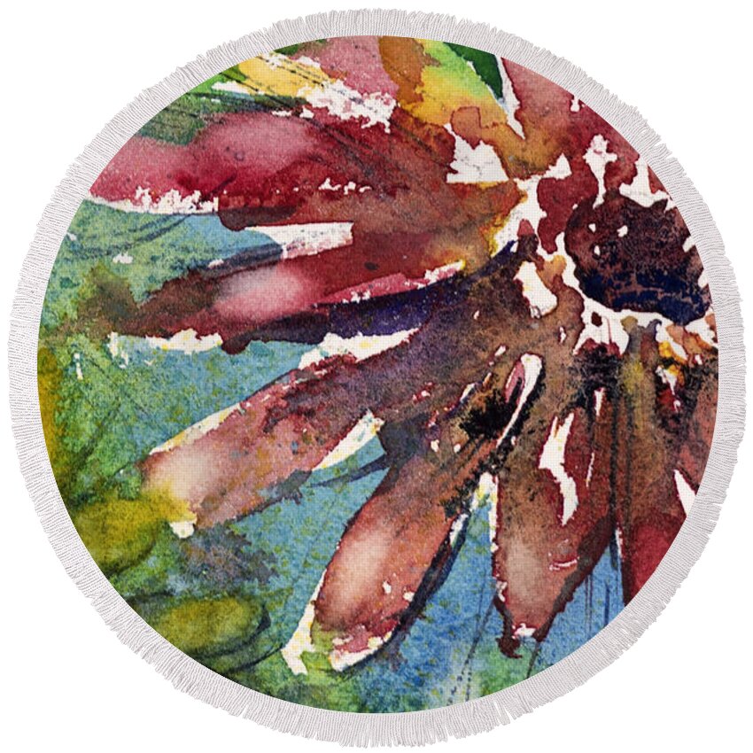 Flower Round Beach Towel featuring the painting Red Sunflower by Judith Levins