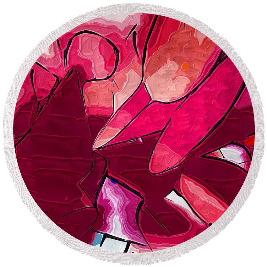 Abstract Round Beach Towel featuring the painting Red Tubes by Kirt Tisdale