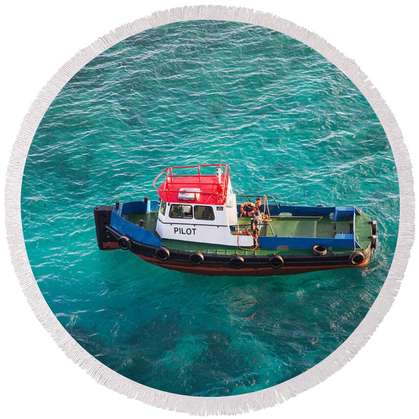 Blue Round Beach Towel featuring the photograph Red White and Blue Pilot Boat in Aqua Water by Darryl Brooks