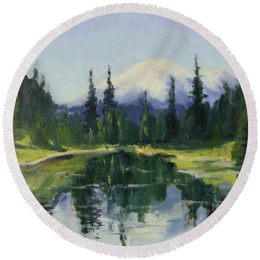 Mountain Round Beach Towel featuring the painting Picnic by the Lake II by Maria Hunt