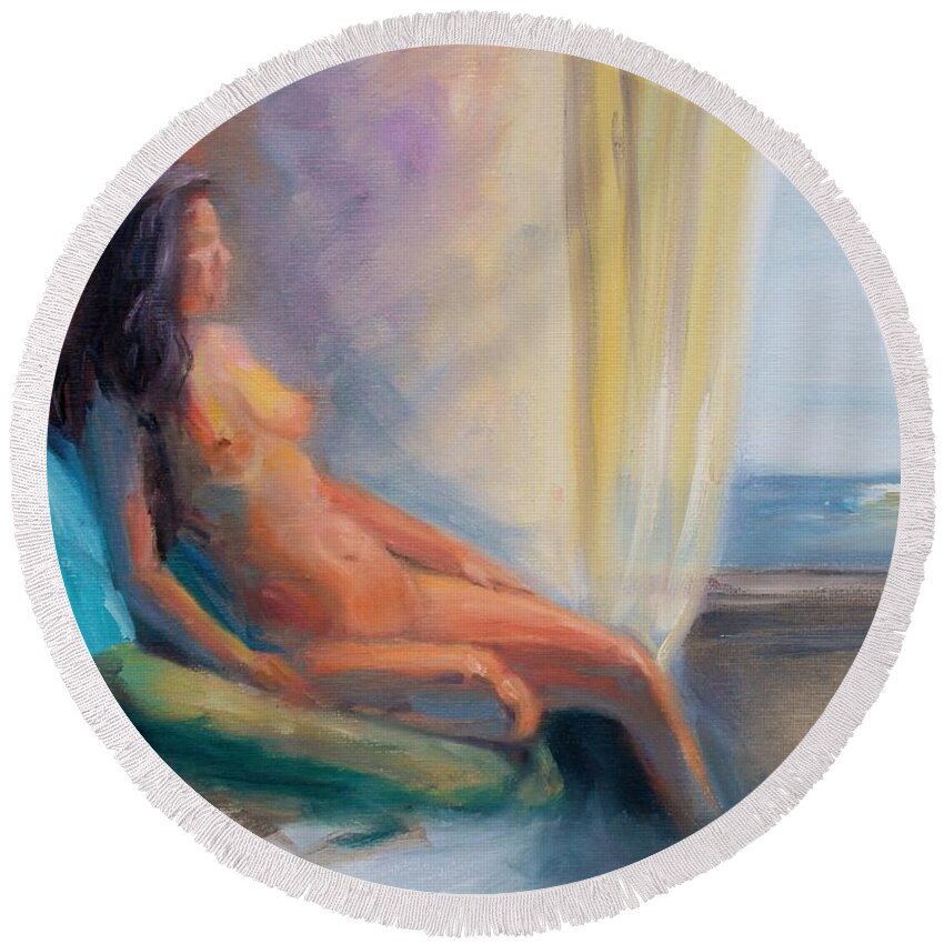 Figure Round Beach Towel featuring the painting Reflecting by Donna Tuten