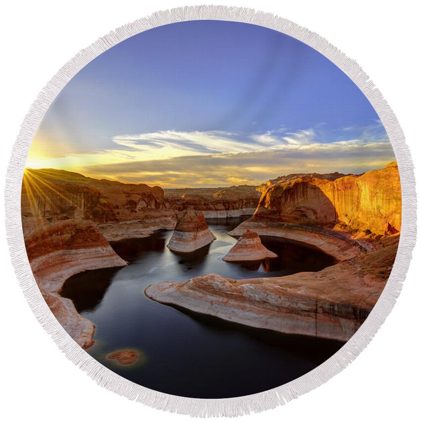 Utah Round Beach Towel featuring the photograph Reflection Canyon Sunrise by Dustin LeFevre
