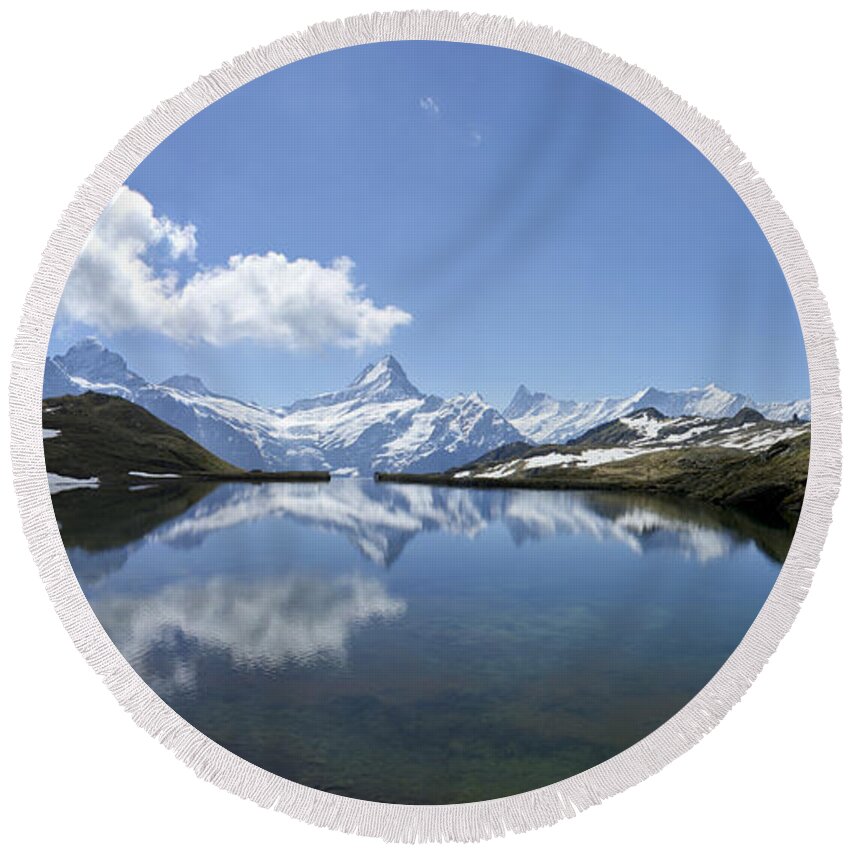 Eiger Round Beach Towel featuring the photograph Reflection of Jungfrau in the Swiss Alps by Brian Kamprath