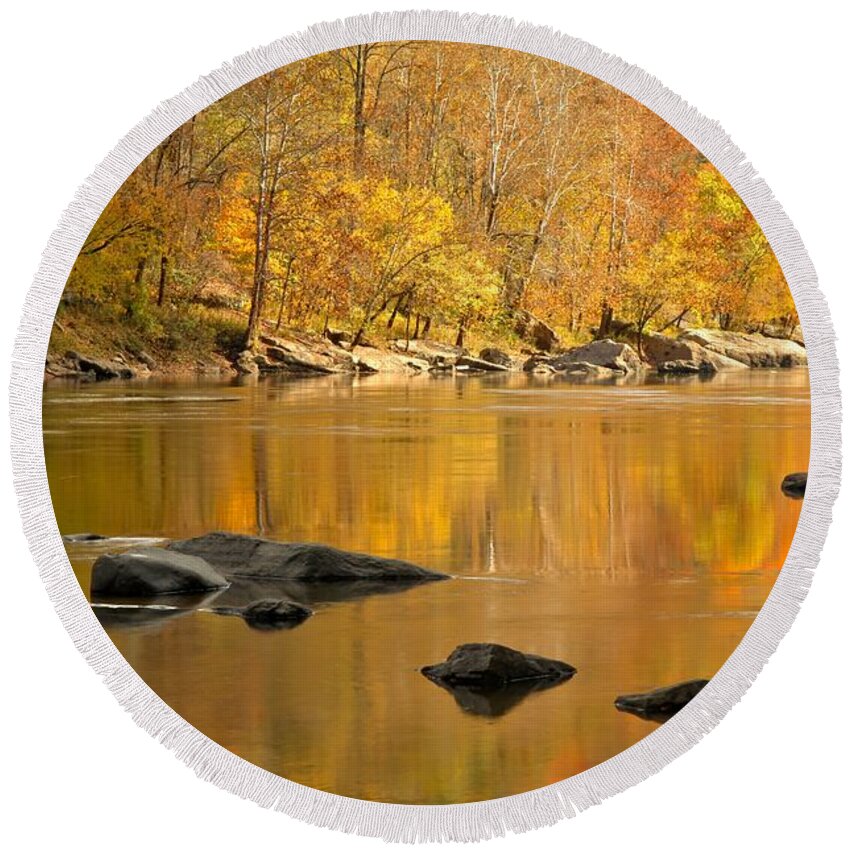 New River Round Beach Towel featuring the photograph Reflections And River Rocks In The New River by Adam Jewell